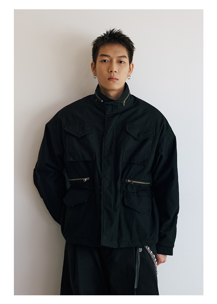 代購-<德國品牌>NO/FAITH 復古 橫斷竹節棉 羊羔絨 M65立領寬松 工裝外套 男女同款 黑/綠