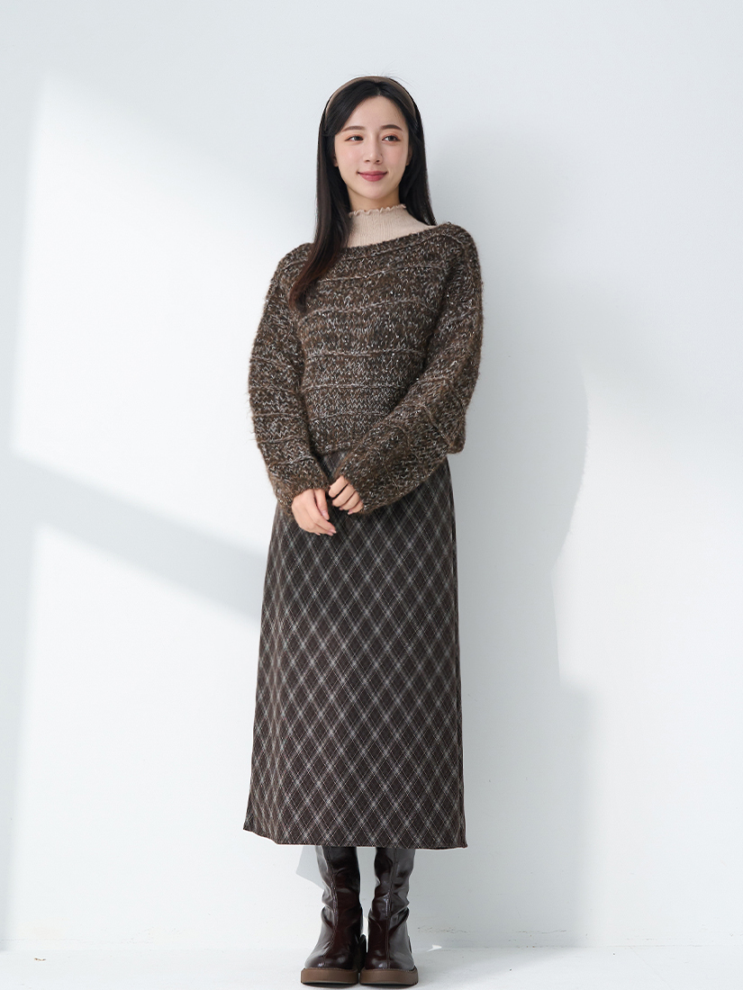 菱格針織毛料後開衩長裙