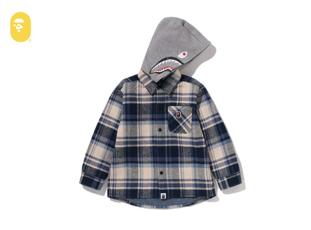 【BAPE童裝】1220 發售寬版BAPE CHECK SHARK HOODIE RELAXED FIT SHIRT JACKET