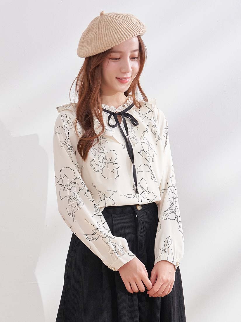 印花荷葉領厚雪紡上衣