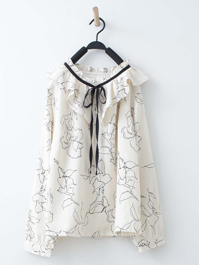 印花荷葉領厚雪紡上衣