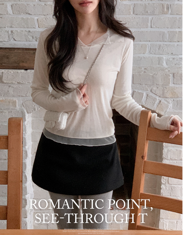 秋冬預訂｜透視精緻荷葉邊領疊層抓絨T 恤