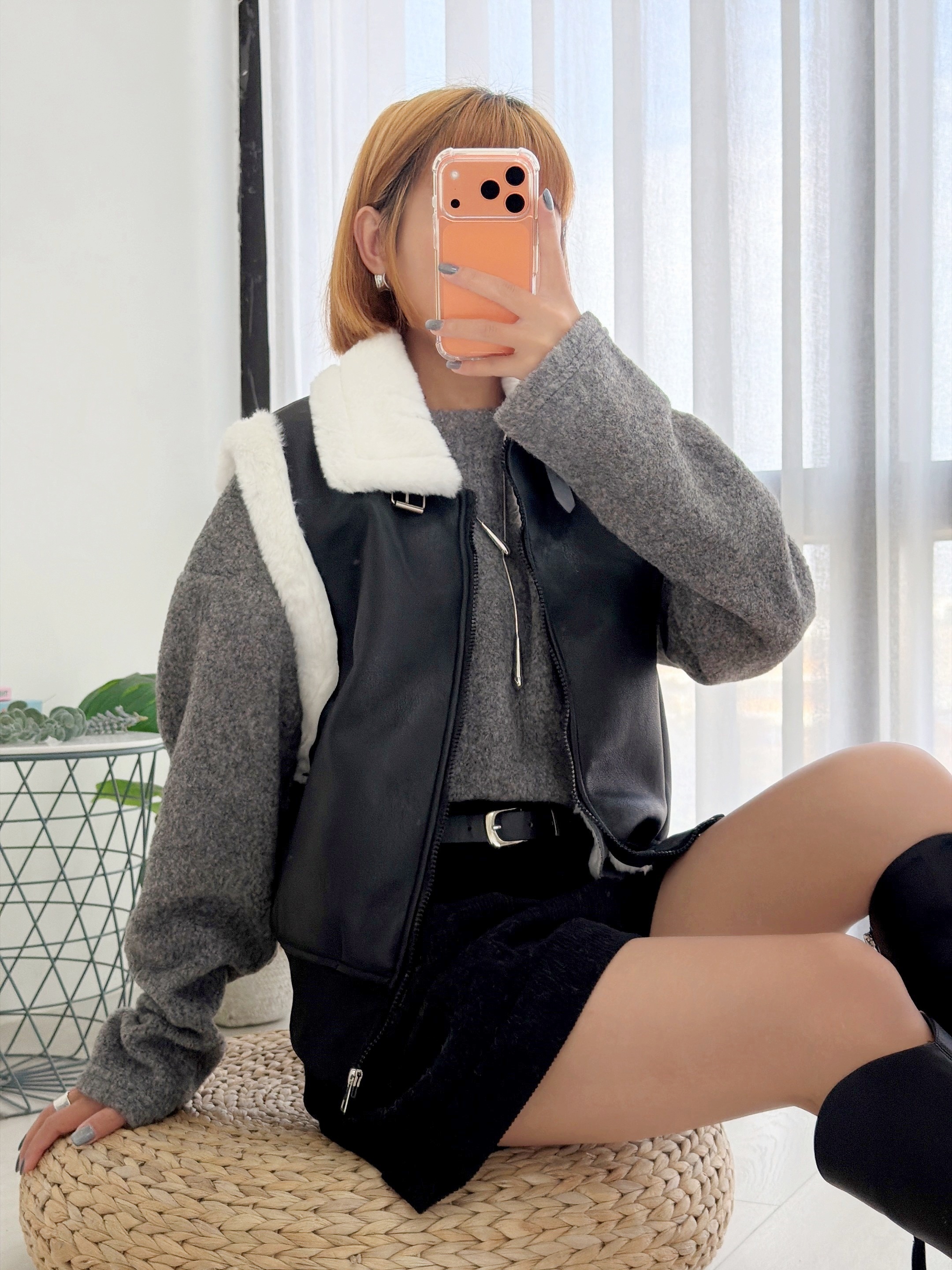 法朵Fado Shop｜領皮革釦環滾邊毛皮拉鍊皮質背心