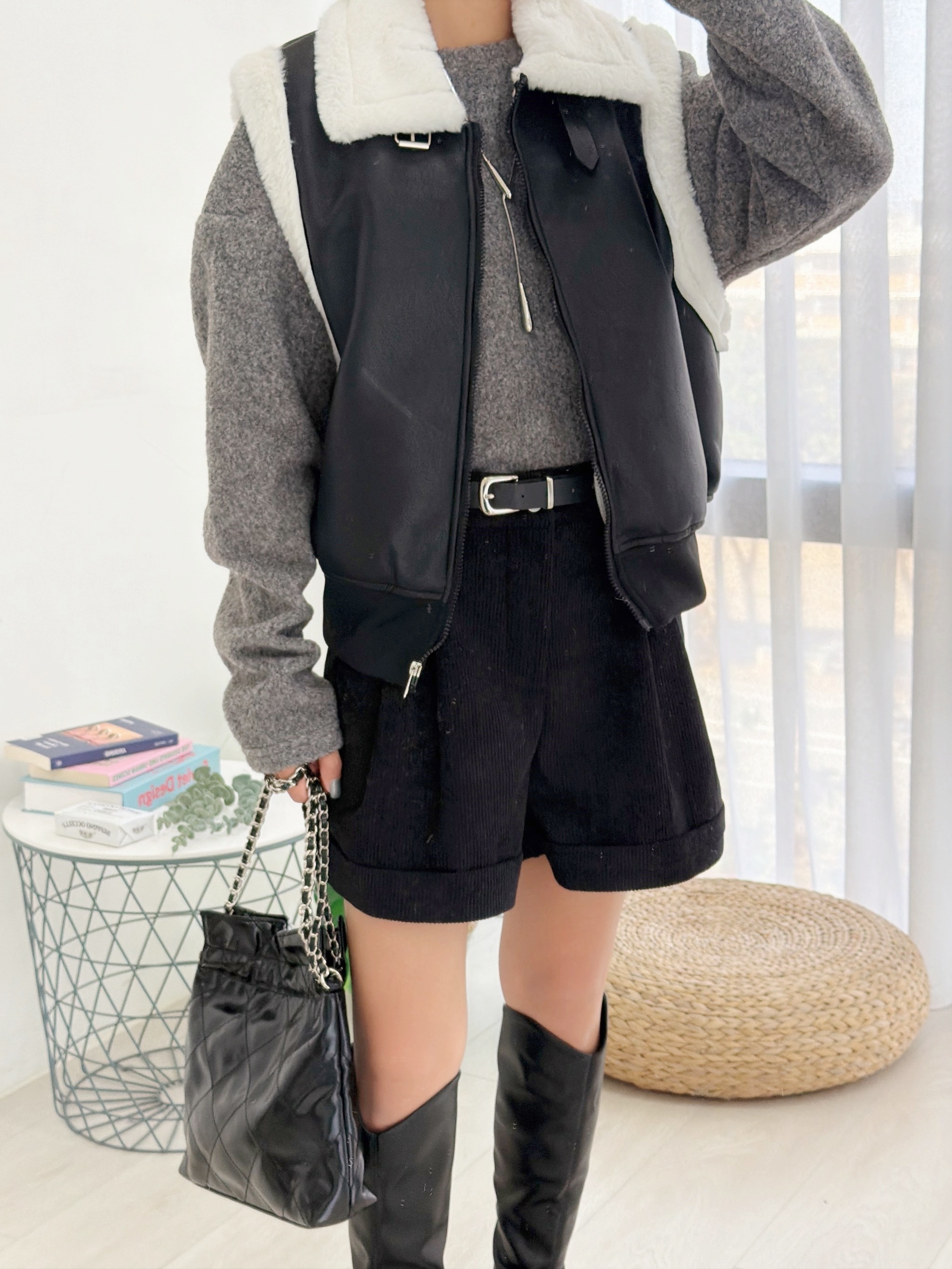 法朵Fado Shop｜領皮革釦環滾邊毛皮拉鍊皮質背心