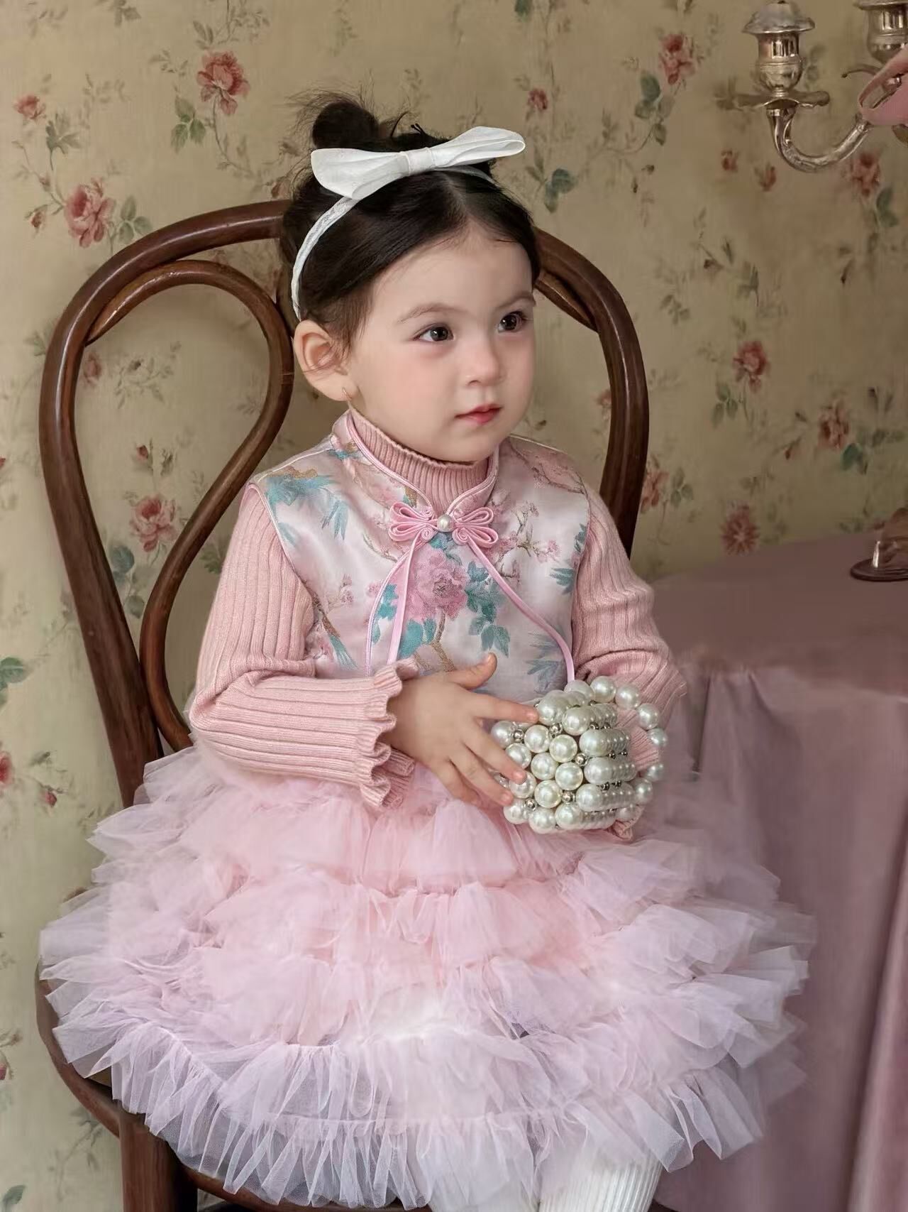 BYB12SE065PK  仙氣粉紗刺繡國風拼布蓬蓬背心裙連打底套裝