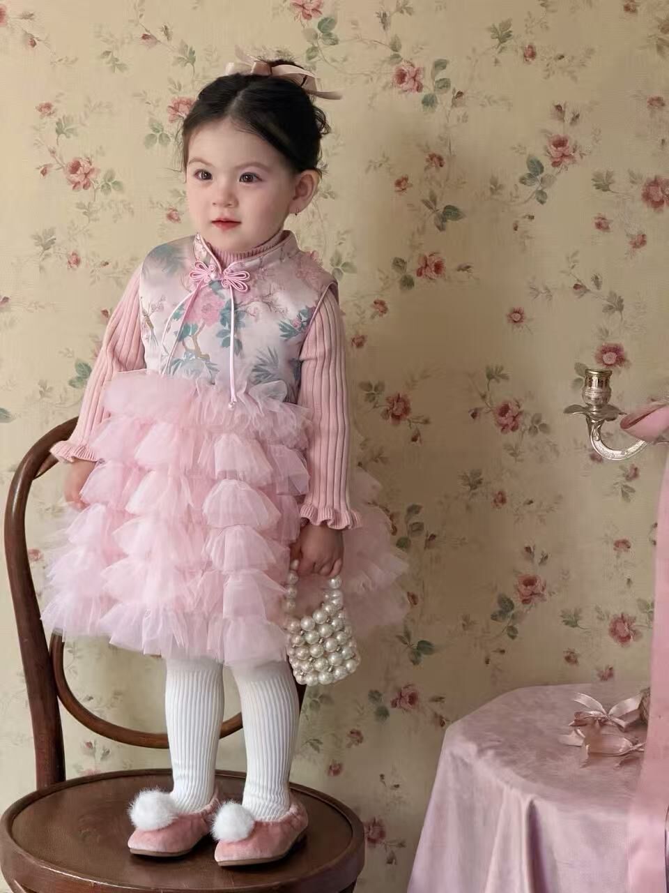 BYB12SE065PK  仙氣粉紗刺繡國風拼布蓬蓬背心裙連打底套裝