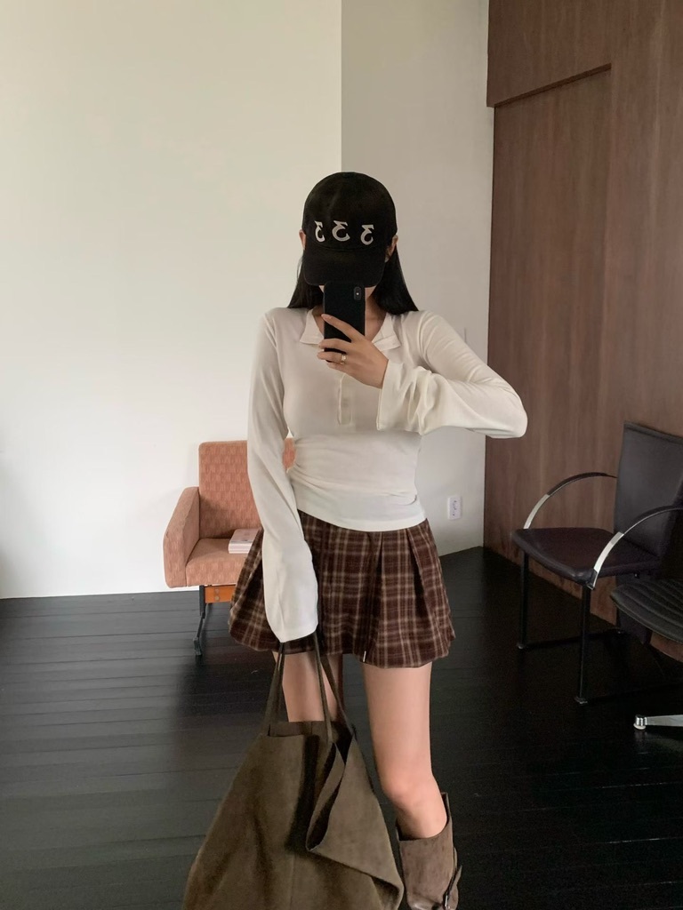 Q58 格子澎澎短褲裙（咖藍）