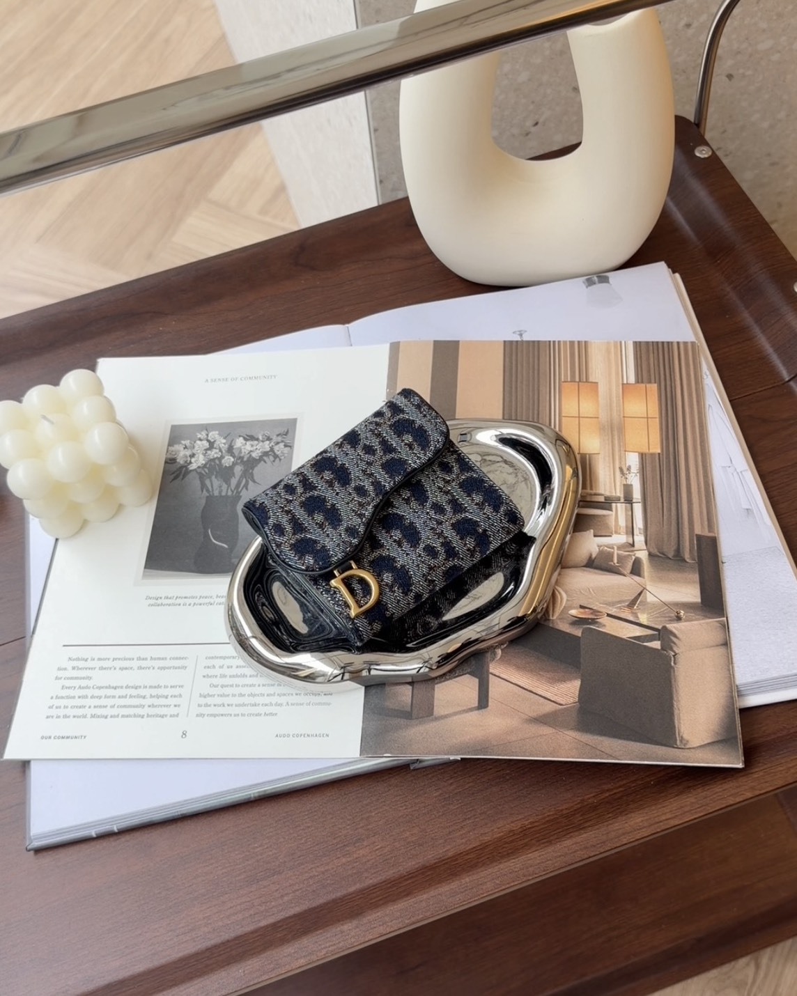 DIOR｜Saddle Lotus 三折短夾 藍色/菸草棕