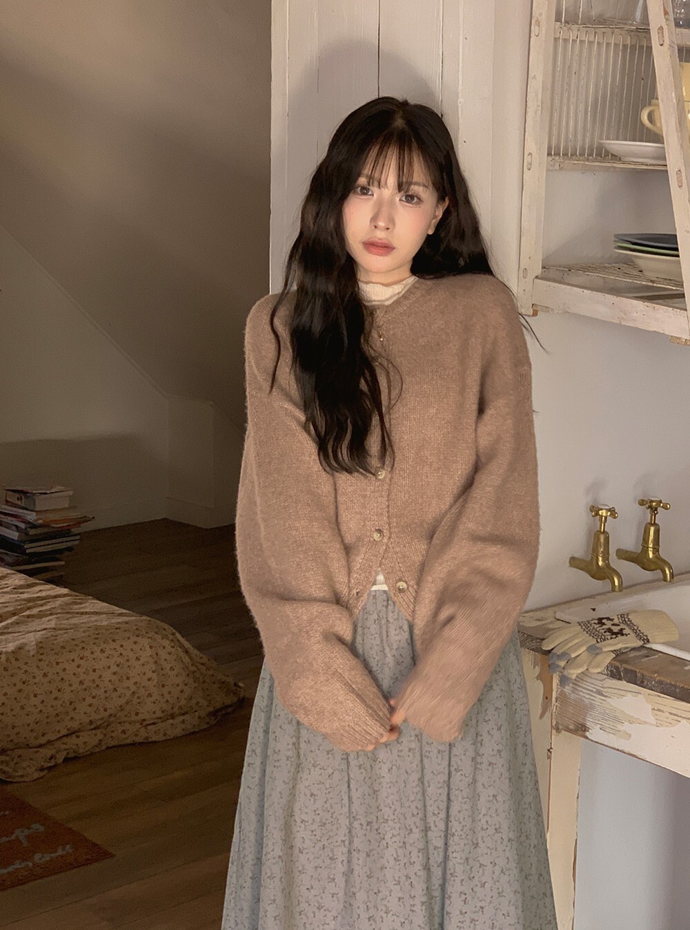 韓國grace muse授權 簡約色調毛線感排釦混羊毛開衫