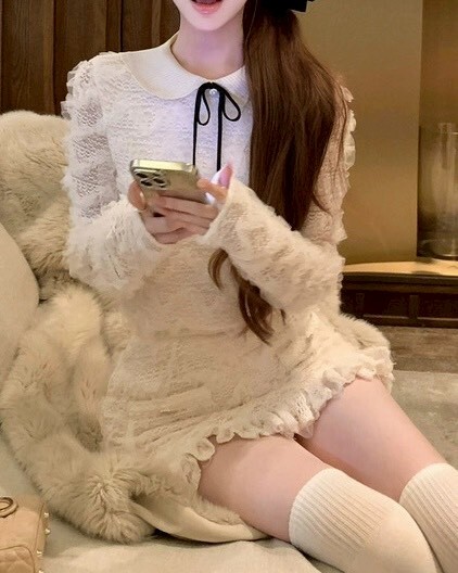 設計師家雪松星蕾絲花邊針織上衣+雪松星蕾絲花邊針織裙