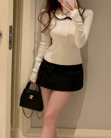 設計師家娃娃領撞色蕾絲針織上衣