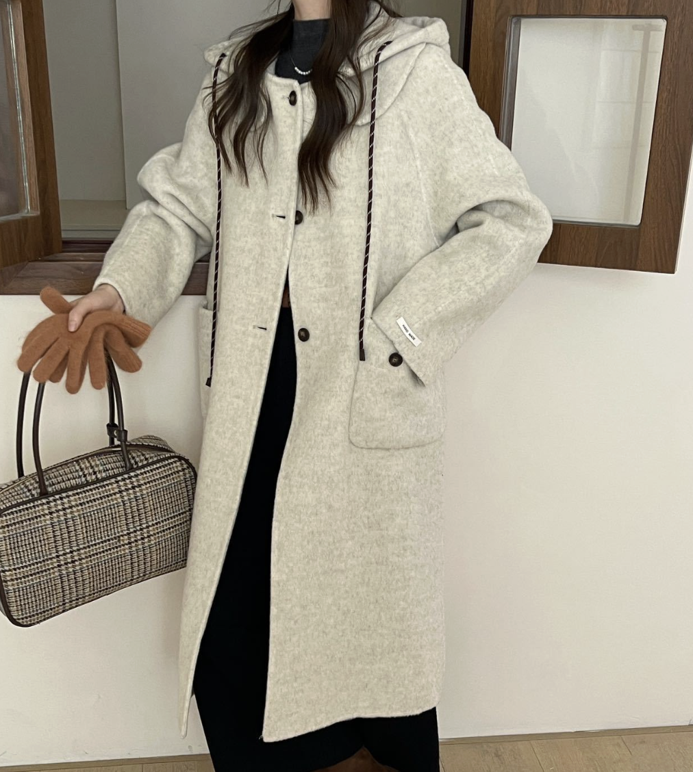 ᴷᴼᴿᴱᴬ 🇰🇷可拆卸帽款休閒風抽繩長版羊毛外套 （三色）