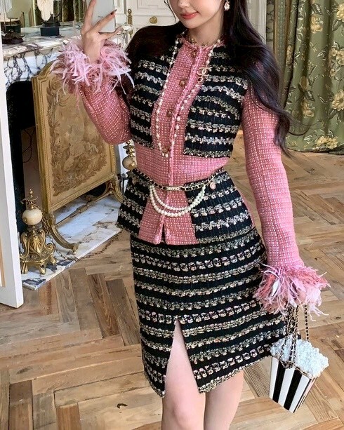 設計師家中古香風袖接鴕鳥毛撞色外套