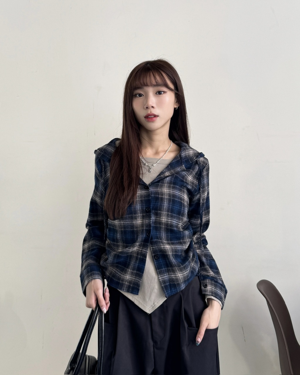 格紋系側抽繩連帽上衣-0537