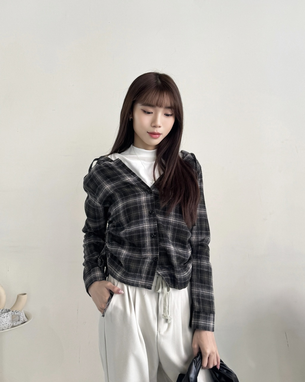 格紋系側抽繩連帽上衣-0537