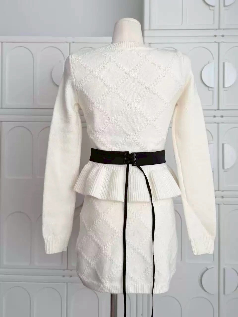 菱格鑽針織腰綁蝴蝶結包臀裙套裝