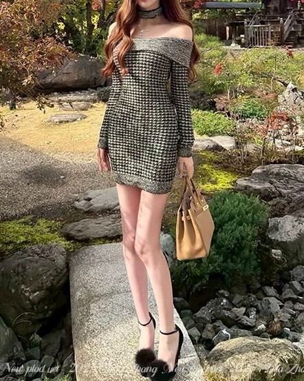 設計師家柔和亮片重工肌理紋紗線一字領包臀洋裝