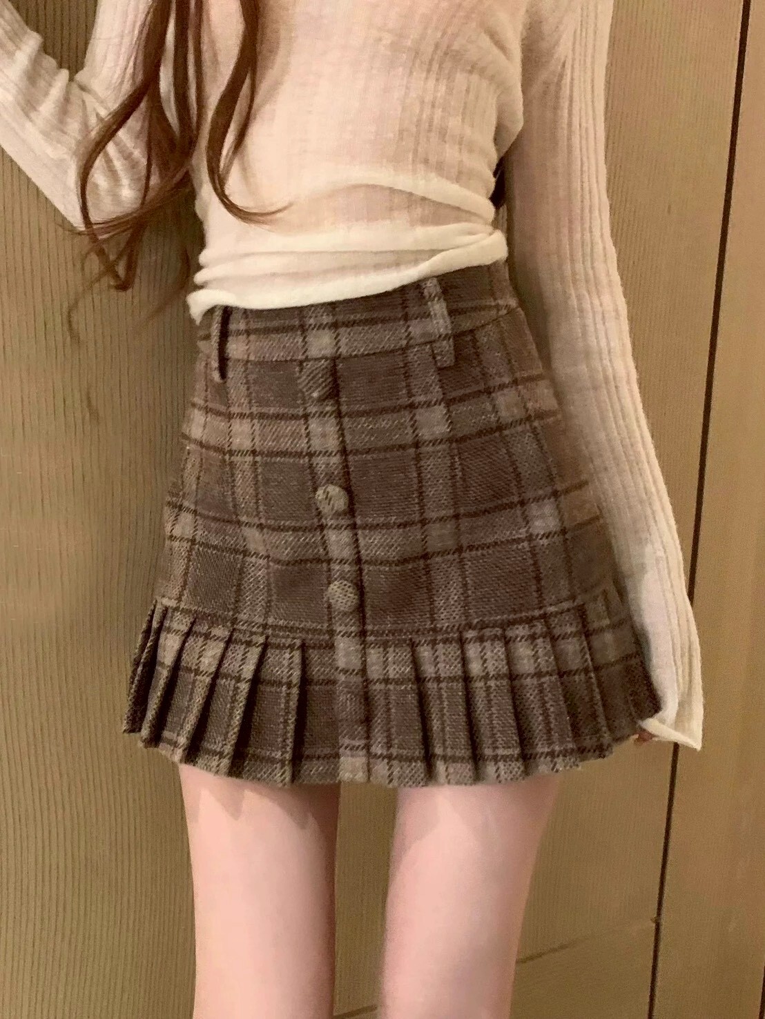 復古格紋包臀拼接百褶裙