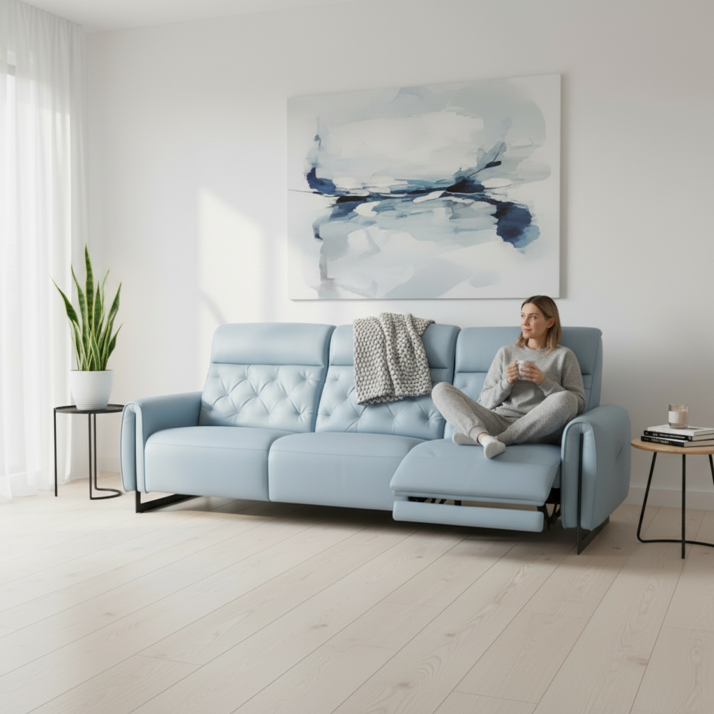 凱莉輕奢舒適沙發 | 電動可躺功能 |  莫蘭迪淺藍皮革