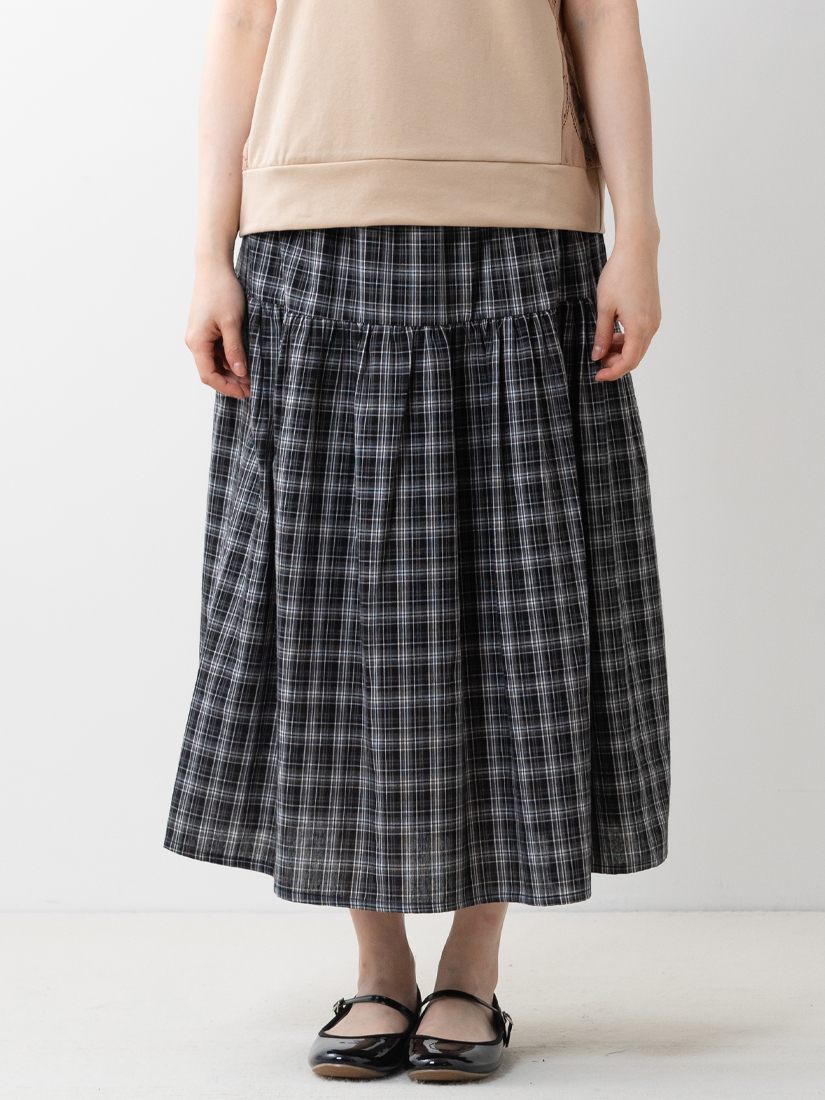 棉麻感格紋剪接細褶裙