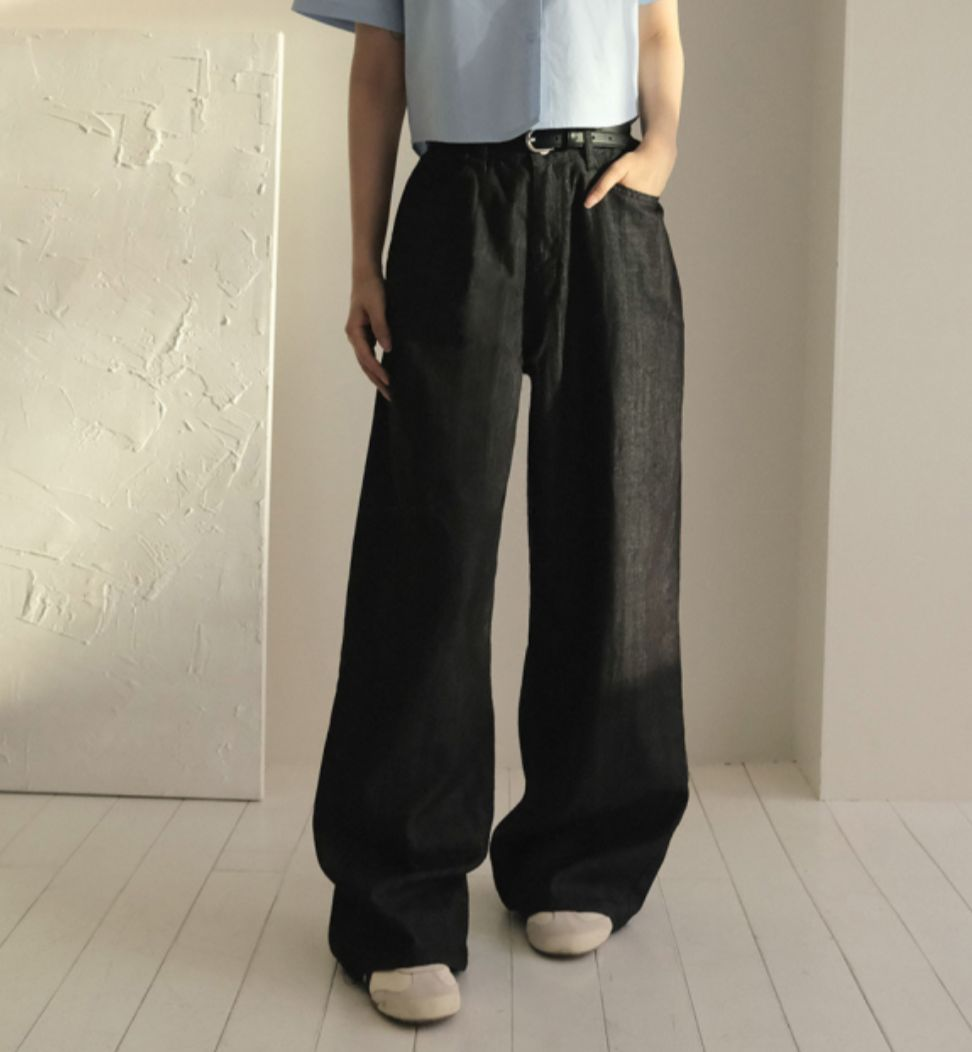 棉質直腳牛仔闊褲(黑色)