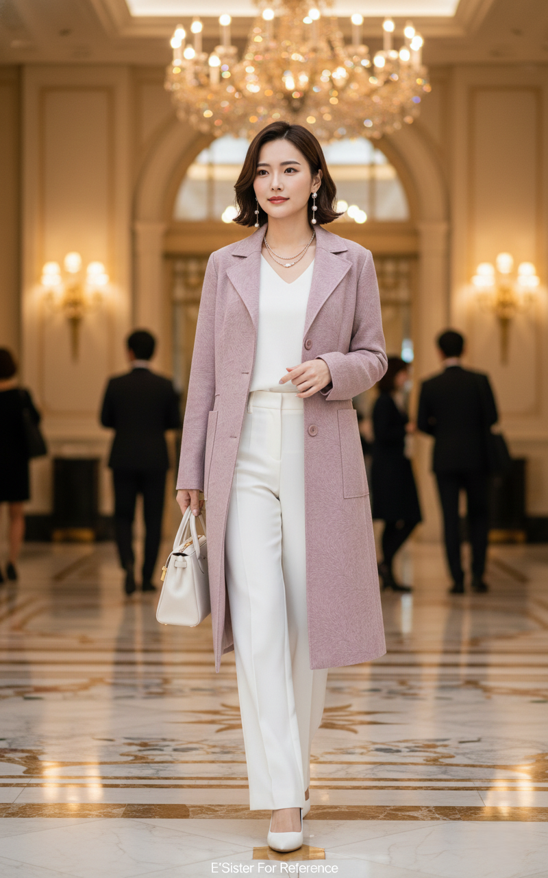 煙粉色質感紋理修身長版外套 C25