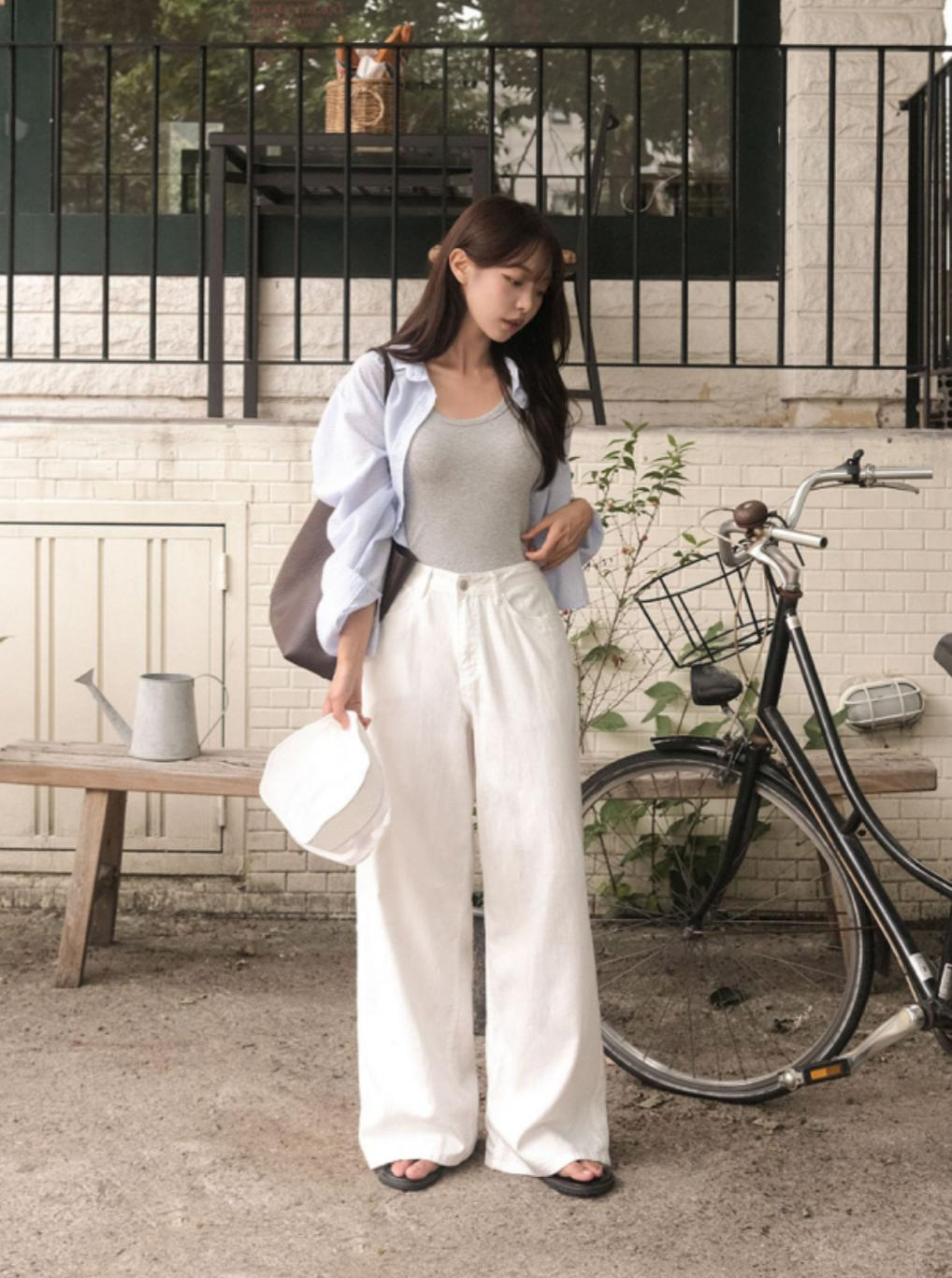 棉質直腳牛仔闊褲(白色)