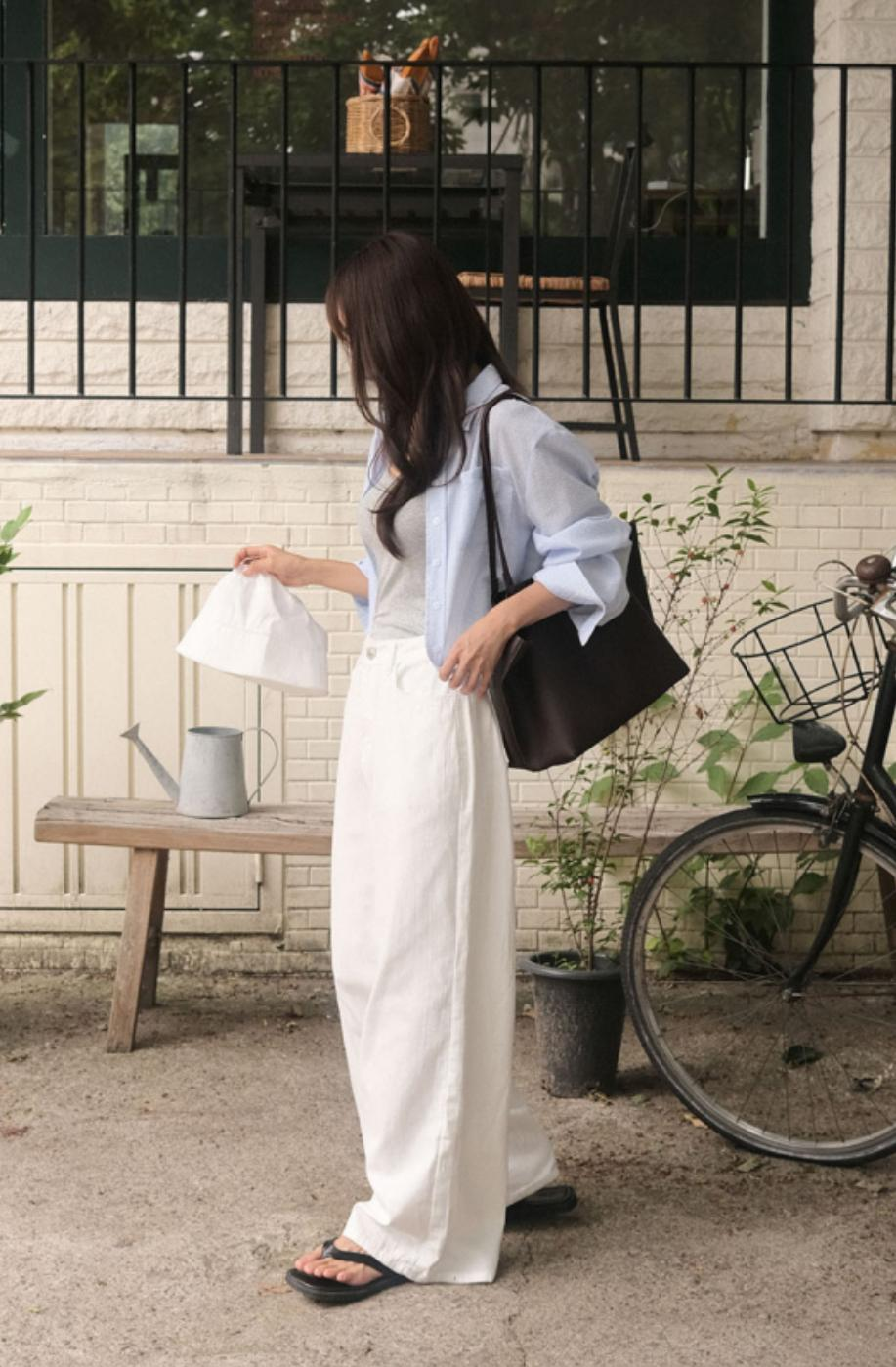 棉質直腳牛仔闊褲(白色)