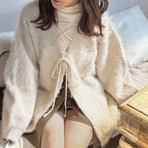 APRES JOUR CLAIR 毛茸茸 綁帶 針織開襟衫 兩穿 日本代購 98371569