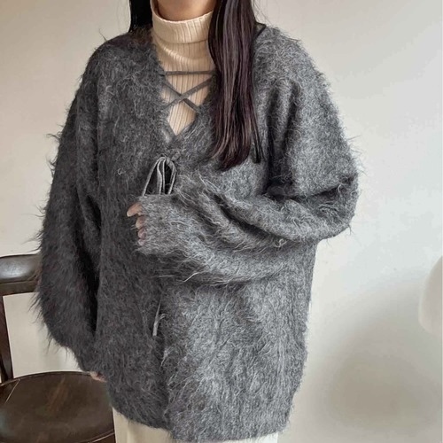 APRES JOUR CLAIR 毛茸茸 綁帶 針織開襟衫 兩穿 日本代購 98371569