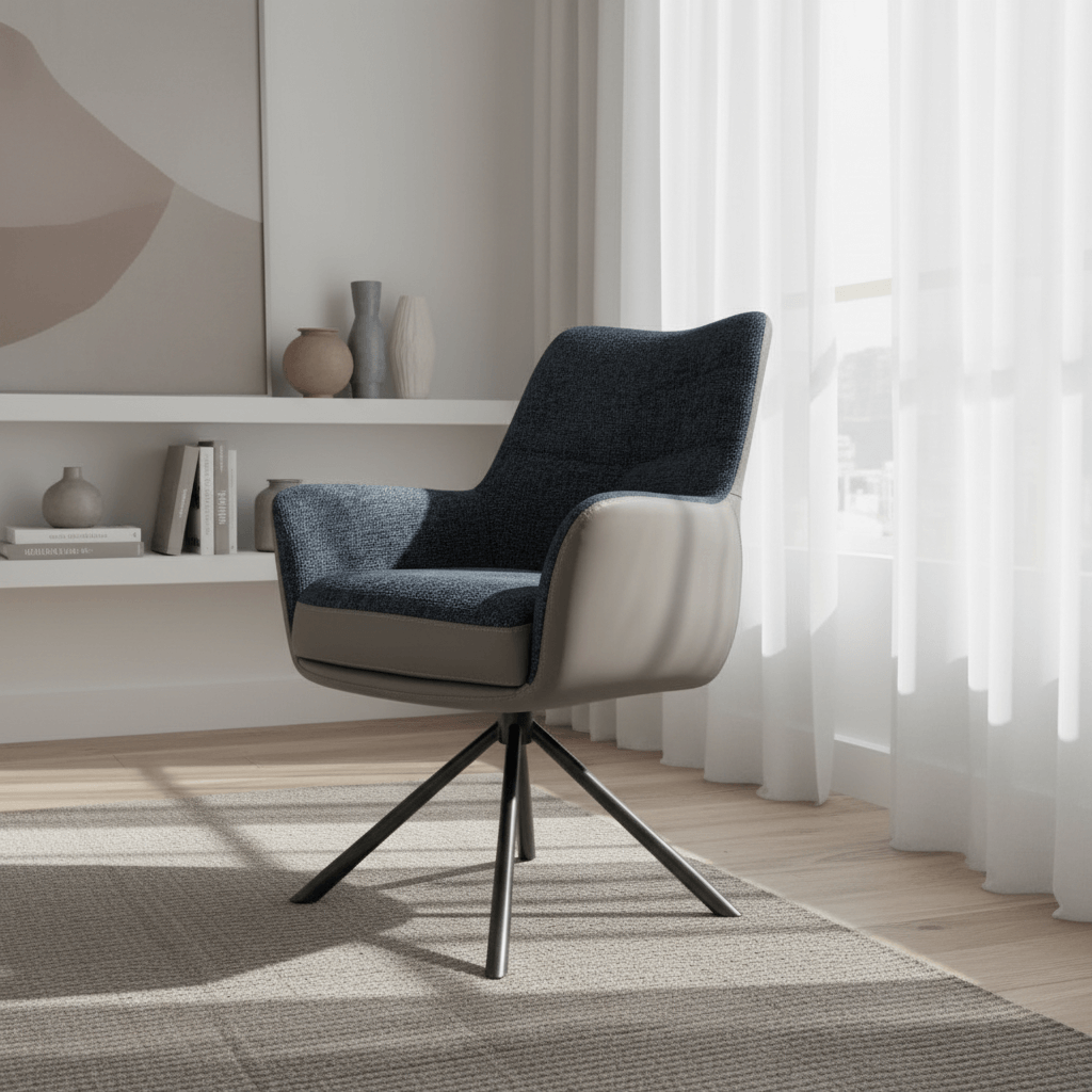 Moment Series｜赫爾辛基之光｜北歐輕奢單人旋轉休閒椅｜布藝皮革拼接高背沙發椅