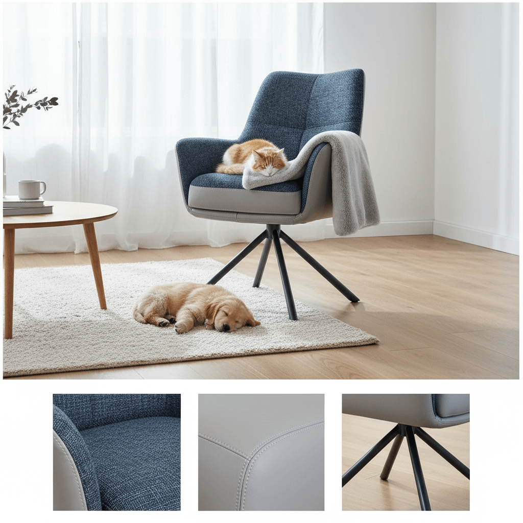 Moment Series｜赫爾辛基之光｜北歐輕奢單人旋轉休閒椅｜布藝皮革拼接高背沙發椅