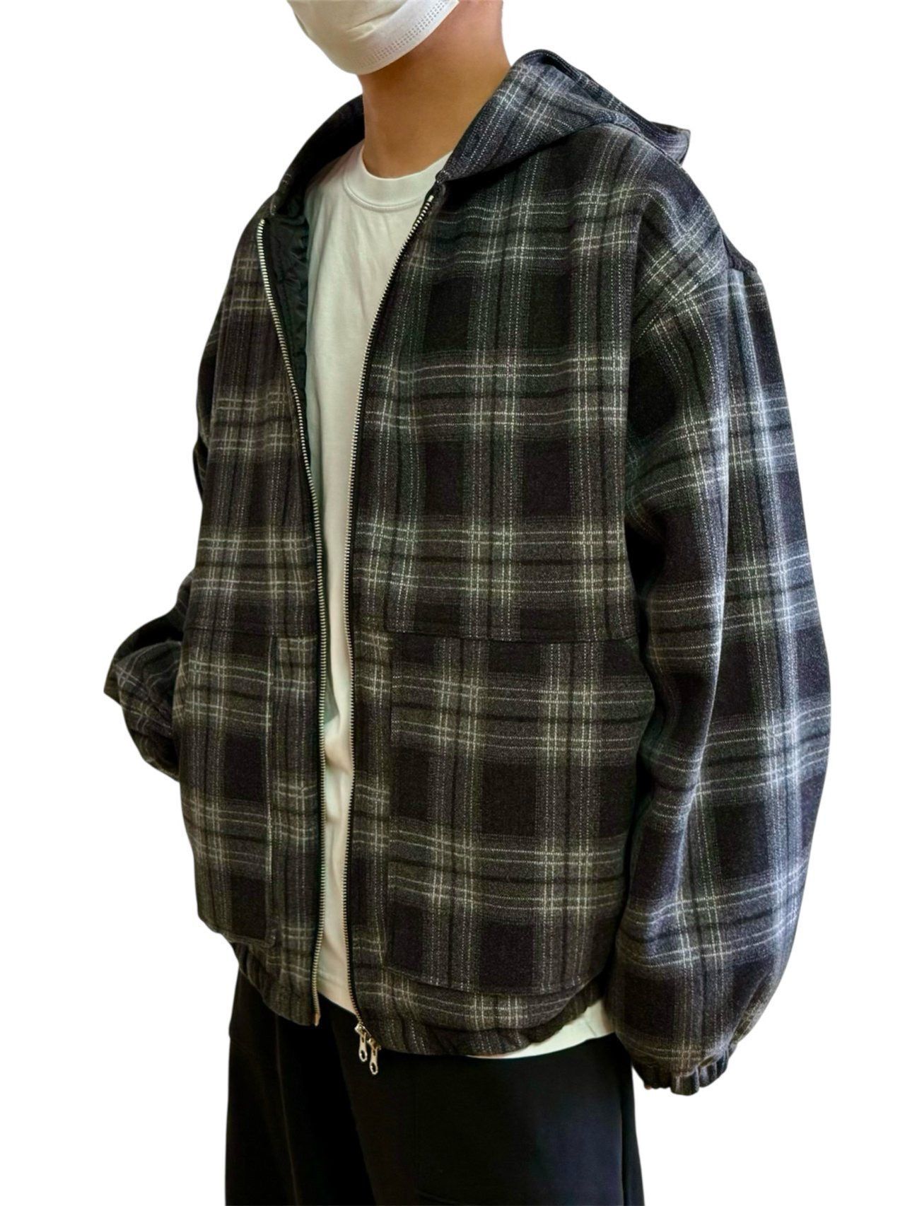 格仔連帽拉鍊外套(薄夾棉) WTVR-022JK