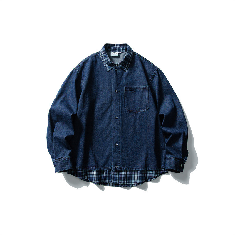 日系休閒深藍格調襯衫