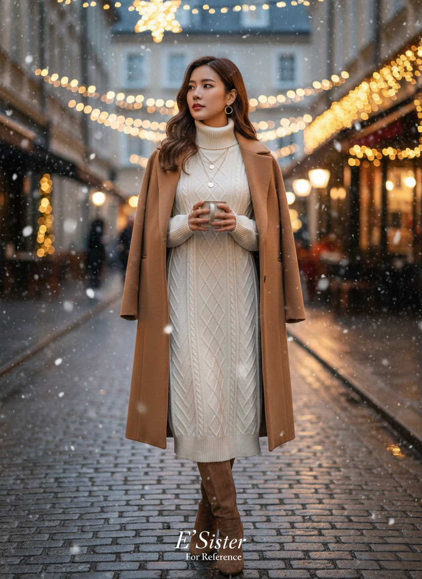 復古高領菱格麻花編織針織連身裙 C27