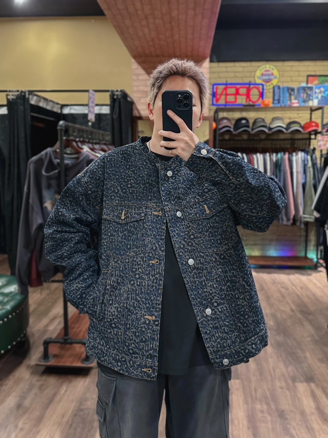 豹紋丹寧鋪棉外套