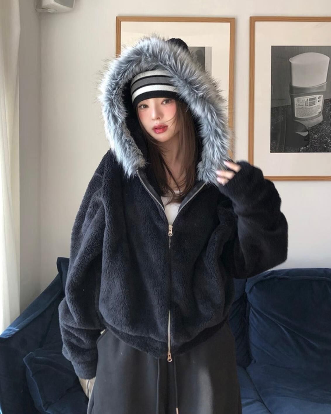 毛毛帽拉鍊外套 JK2742