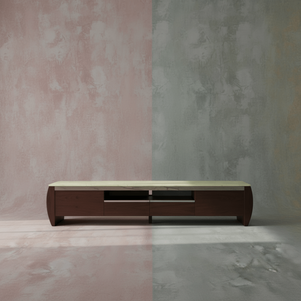 【羅馬尼亞大理石電視櫃】輕奢天然大理石檯面 | 深色實木紋理