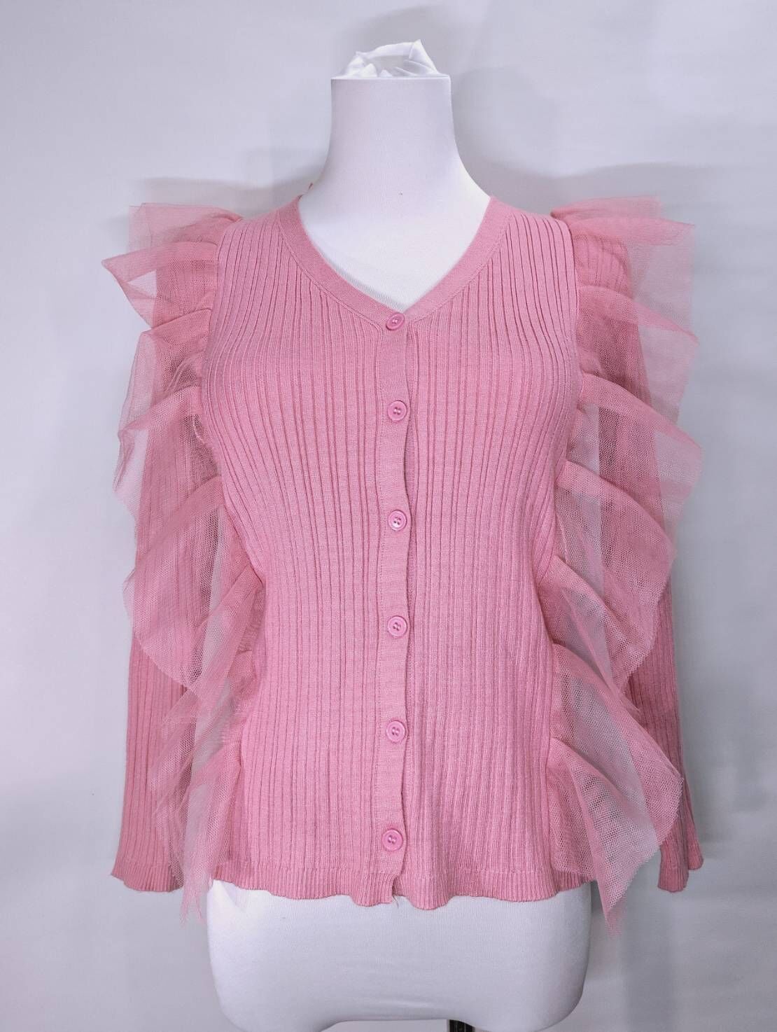 粉色甜美 V 領修身針織上衣 C28