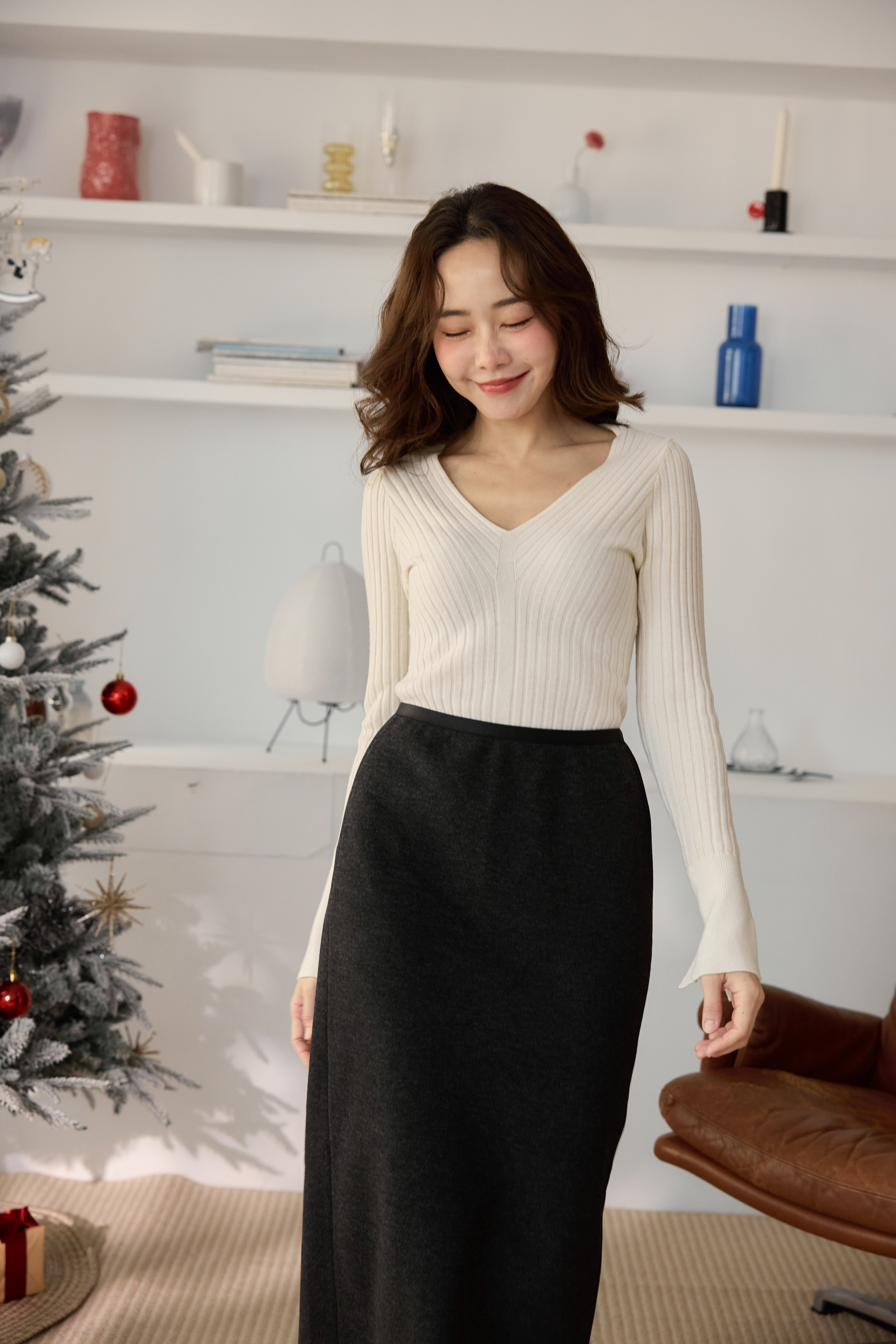 100%暖暖羊v領線條針織