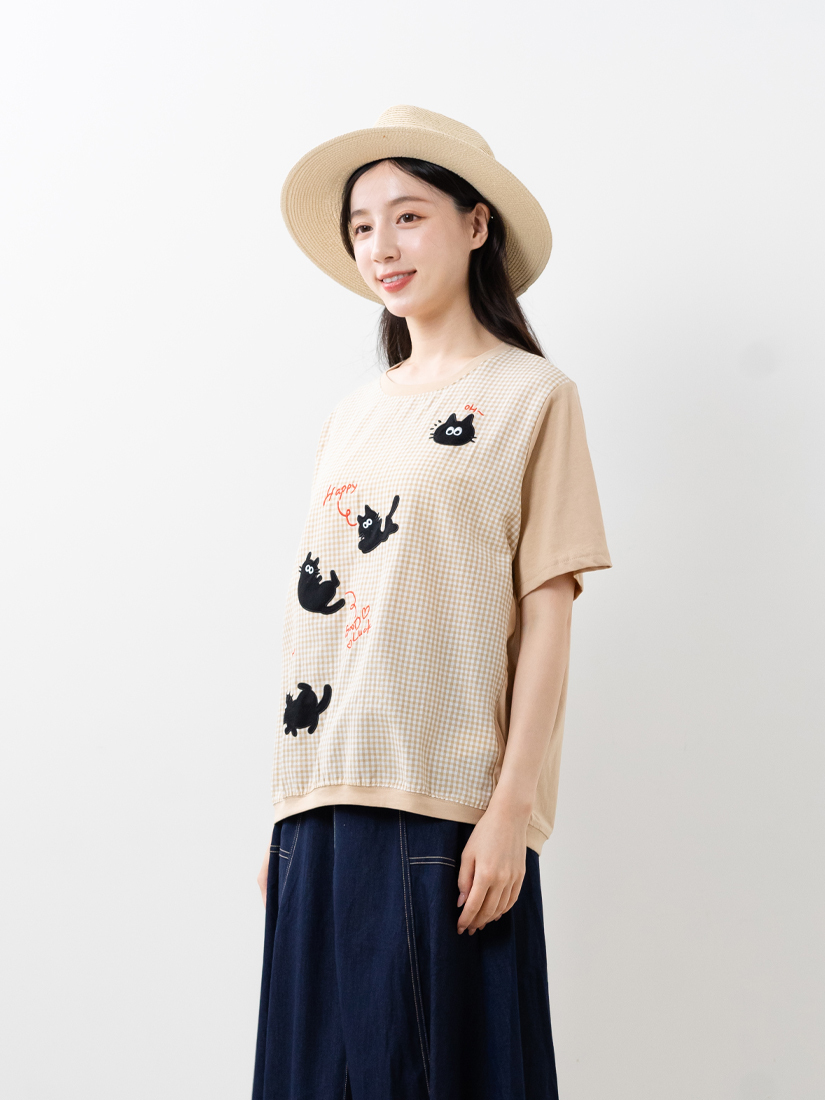 清新棉質HAPPY CAT格紋拼接短袖上衣
