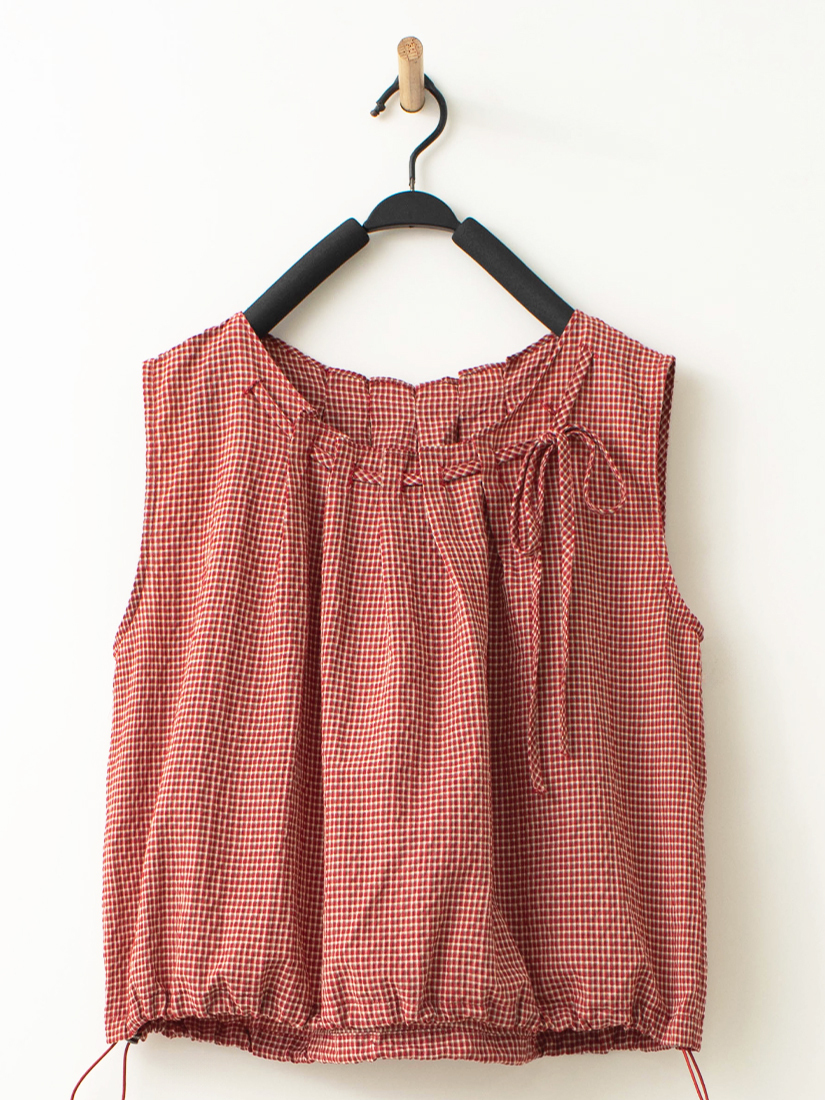 清新格紋領口抓褶蝴蝶結綁帶無袖背心
