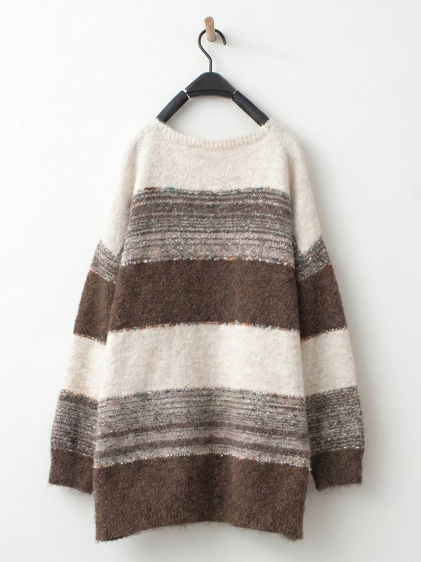 慵懶混色坎紗條紋長版針織上衣