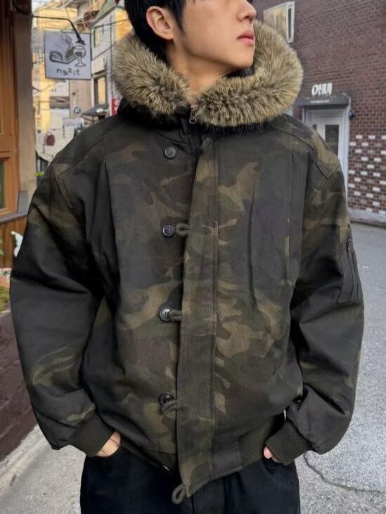 毛毛帽迷彩拉鍊外套(絨毛底) APT-003JK