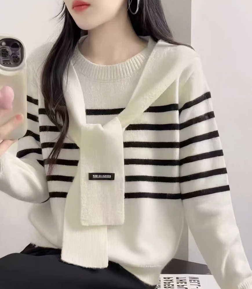 ᴷᴼᴿᴱᴬ 🇰🇷法式黑白條紋＋圍巾針織上衣（兩色）