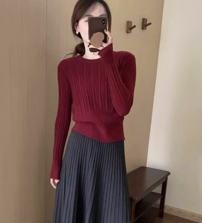 ᴷᴼᴿᴱᴬ 🇰🇷直紋修身收腰圓領針織上衣