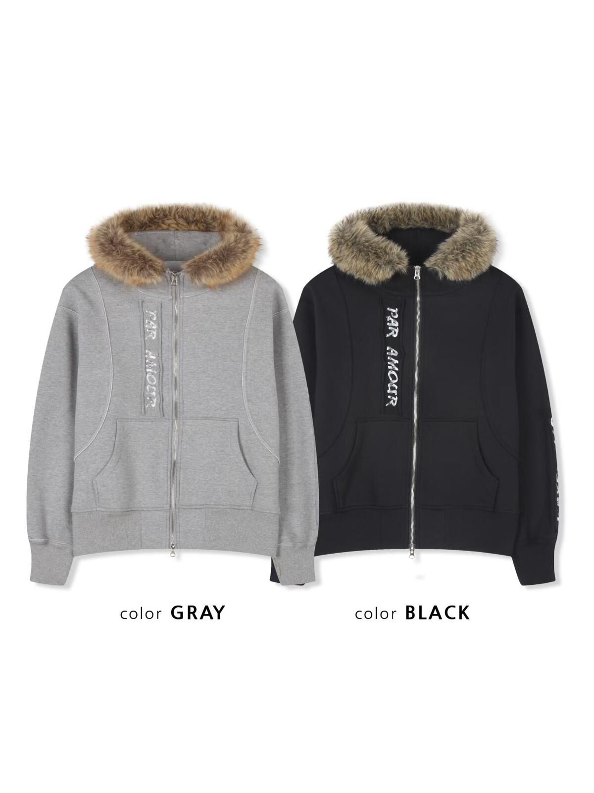 毛毛帽英文字拉鍊外套(薄抓毛底) APT-005JK