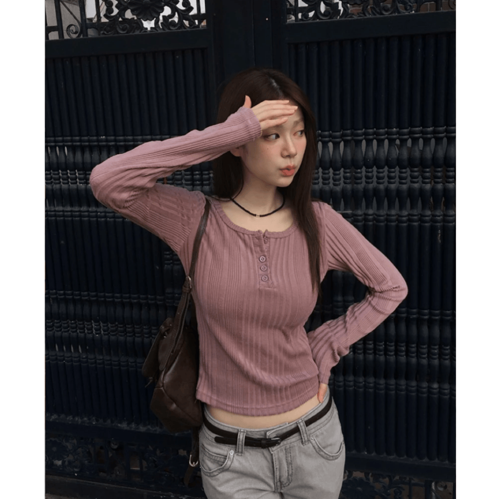 🇰🇷韓國 Thred Knit 半開襟 鈕扣 彈性 螺紋 針織衫