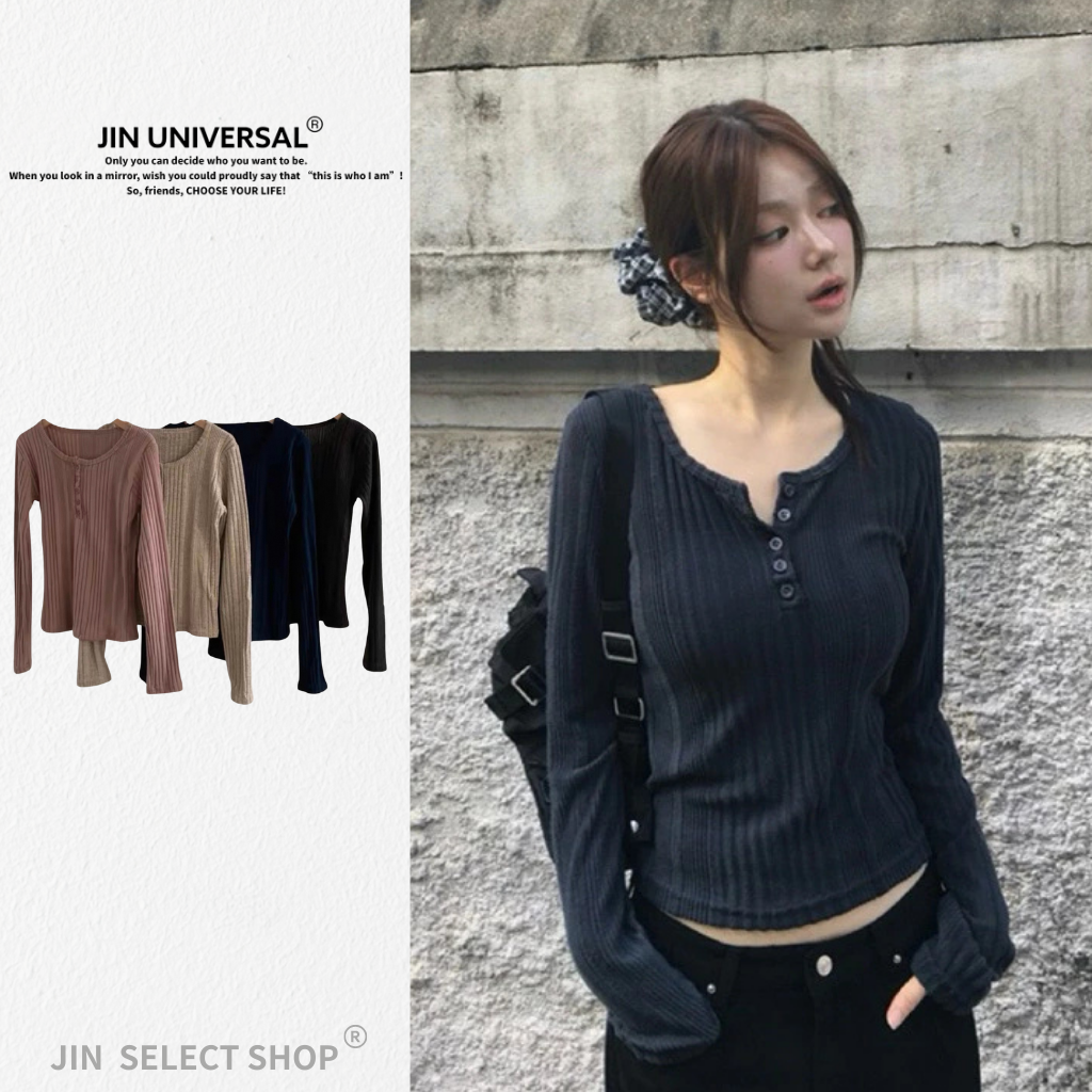 🇰🇷韓國 Thred Knit 半開襟 鈕扣 彈性 螺紋 針織衫