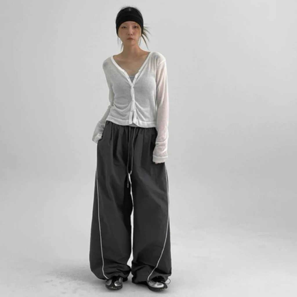 🇰🇷韓國 BLACK UP 流線 抽褶 運動風 剪裁 尼龍 防風長褲